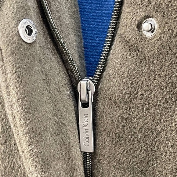 Calvin Klein Angora Wool Blend Trench Coat Olive Green Sz L Mob Wife Mock Neck - Picture 8 of 14